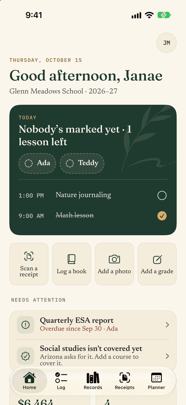 The ArborSlate app's Home screen: today's attendance, lessons, shortcuts, and what needs attention