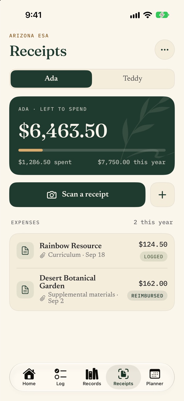 Receipts, sorted: Scan a receipt in the parking lot and file it under the right ESA category.
