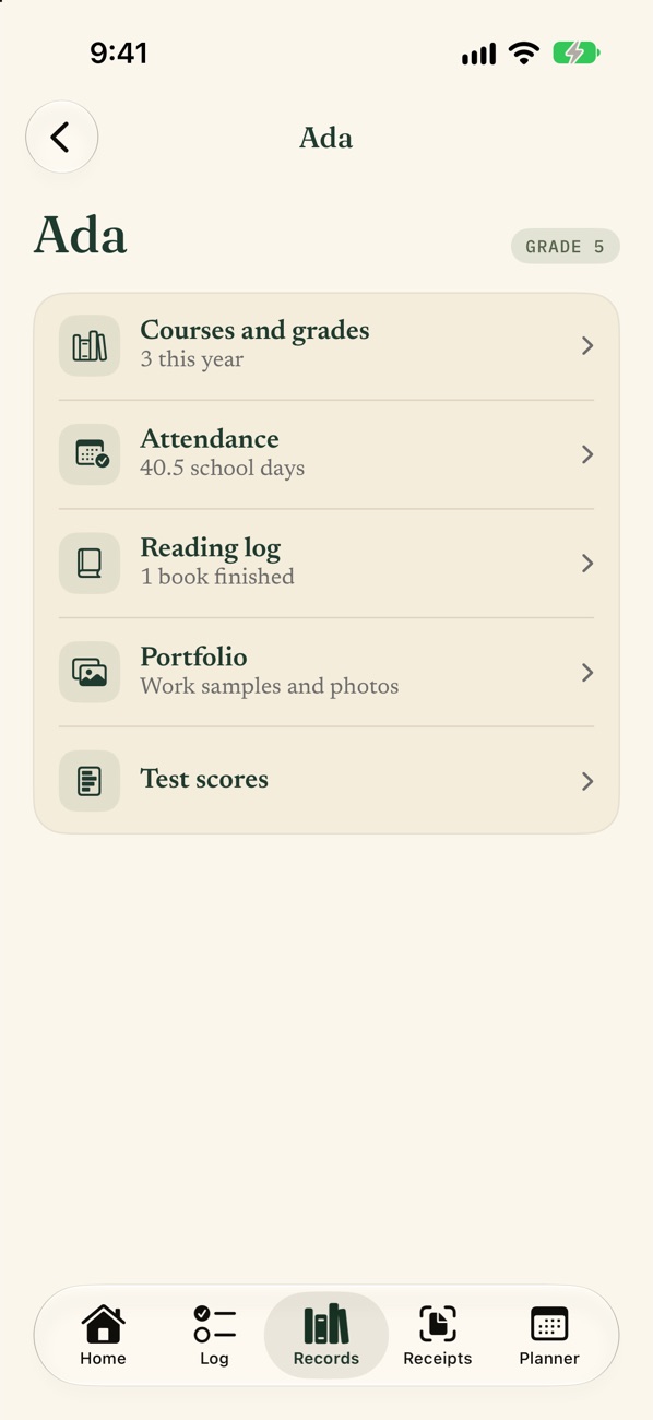 Every child’s records: Courses and grades, attendance, reading log, portfolio, and test scores.